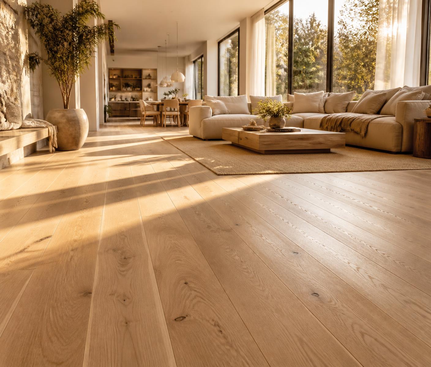 Sunlit living room with wide-plank white oak hardwood flooring